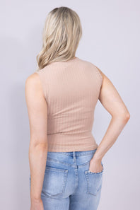 Ribbed Knit Twist Front Tank Top for Women in Mocha