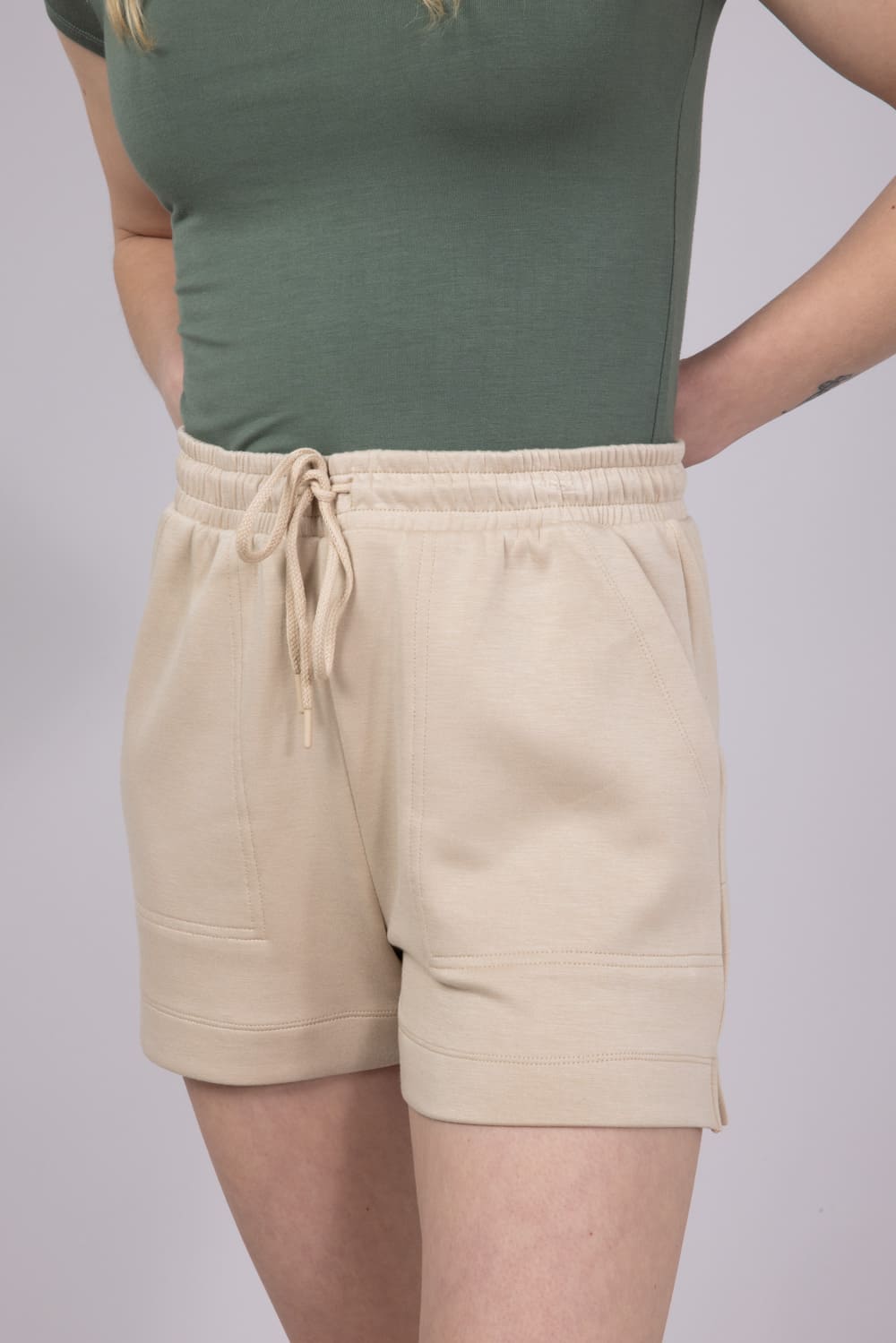 Love Tree Drawstring Scuba Knit Lounge Shorts for Women in Khaki