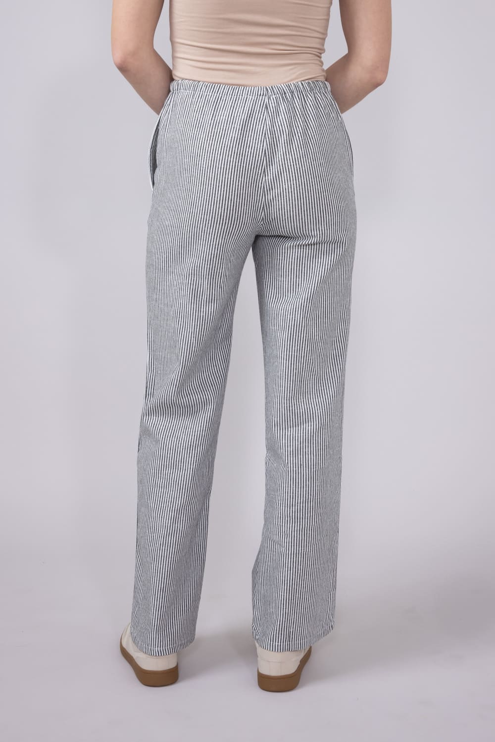 Love Tree Pinstripe Drawstring Linen Pants for Women in Black