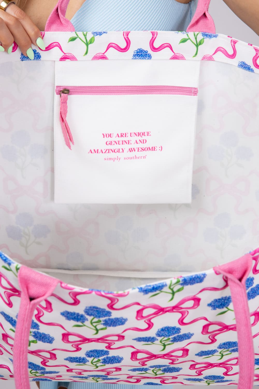 Simply Southern Seaside Canvas Tote Bag in Pink Ribbon