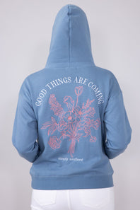 Womens Simply Southern Embroidered Good Things Hoodie for Women in Blue