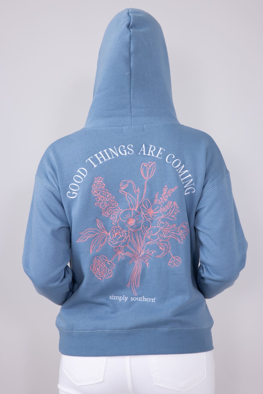 Womens Simply Southern Embroidered Good Things Hoodie for Women in Blue