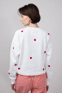 1897 Active Embroidered Hearts Fleece Crewneck for Women in Ivory Red