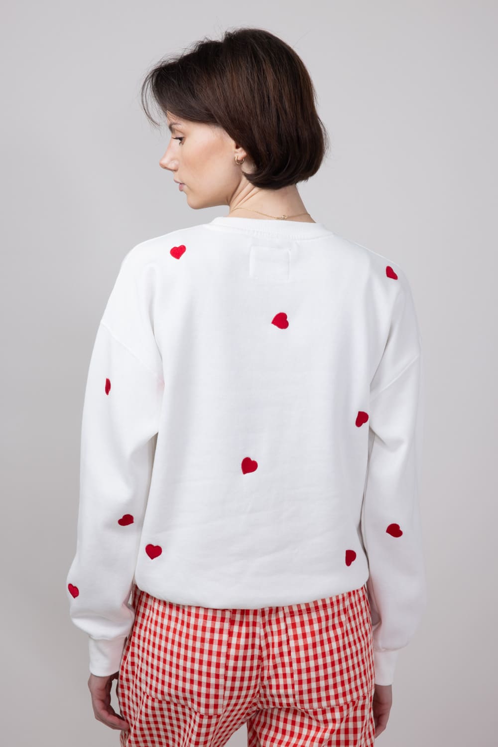 1897 Active Embroidered Hearts Fleece Crewneck for Women in Ivory Red