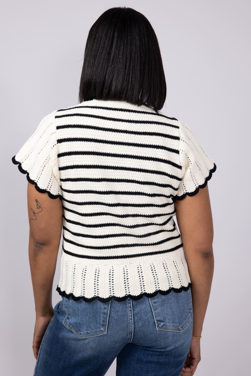 Crochet Stripe Flutter Sleeve Sweater Top for Women in Natural/Black
