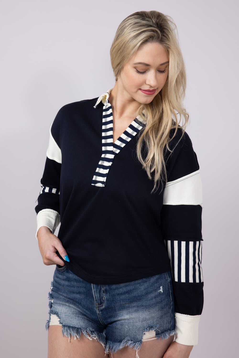 Blu Pepper Color Block Knit Top for Women in Navy