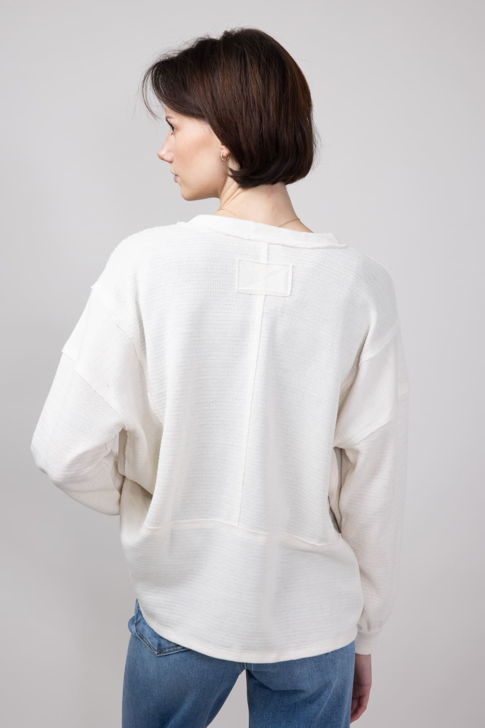Blu Pepper Notched V-neck Knit Top for Women in Oatmeal