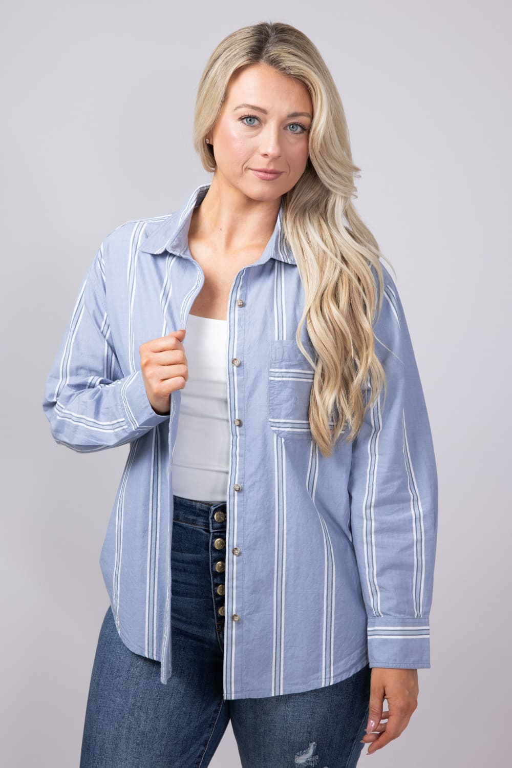 C&C California Alaina Cotton Striped Relaxed Button Front Shirt for Women in Blue | 89B03246T-BLU