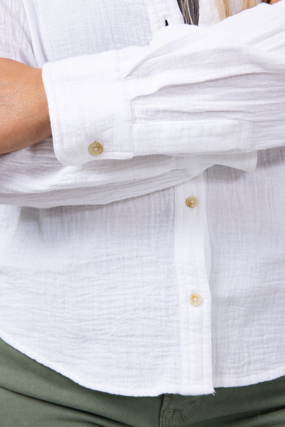 C&C California Alaina Gauze Relaxed Button Front Shirt for Women in White