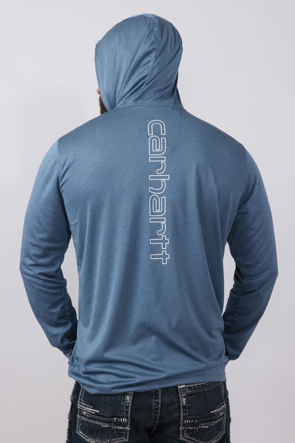 Carhartt Force Sun Lightweight Logo Long Sleeve Hooded Graphic T-Shirt for Men in Blue