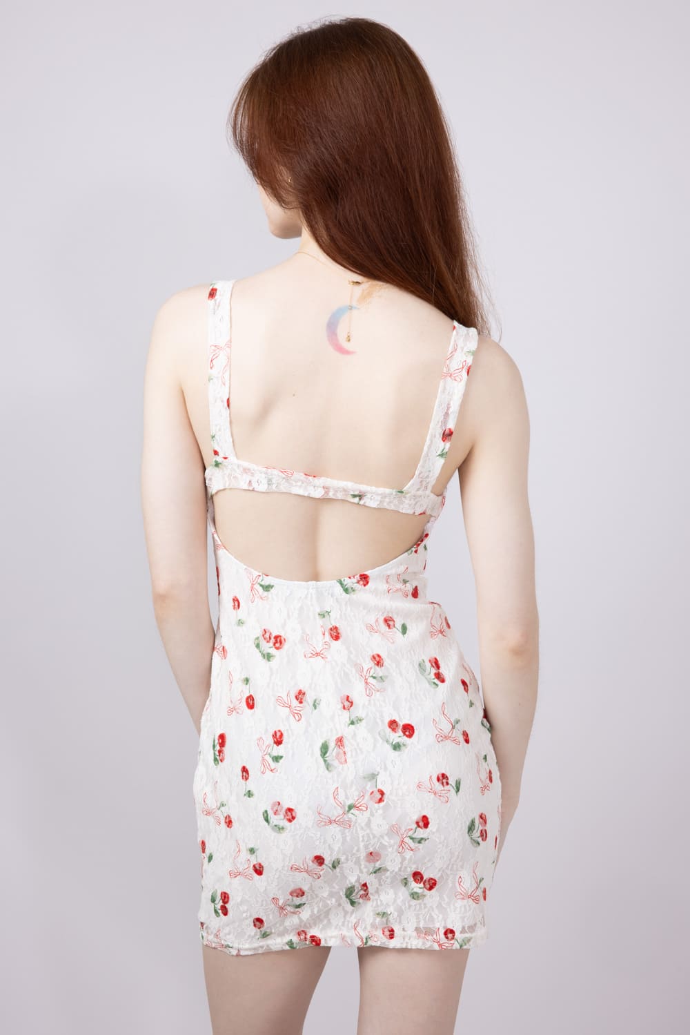 Cherry and Bow Open Back Mini Dress for Women in White
