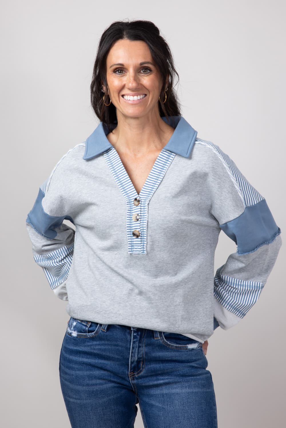 Color Block Oversized Knit Top for Women in Heather Grey