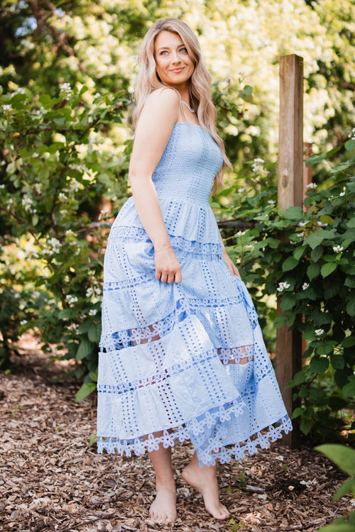 Eyelet Lace Strapless Midi Dress for Women in Blue