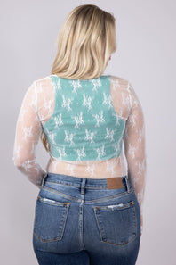 Floral Lace Sheer Scoop Neck Layering Top for Women in White