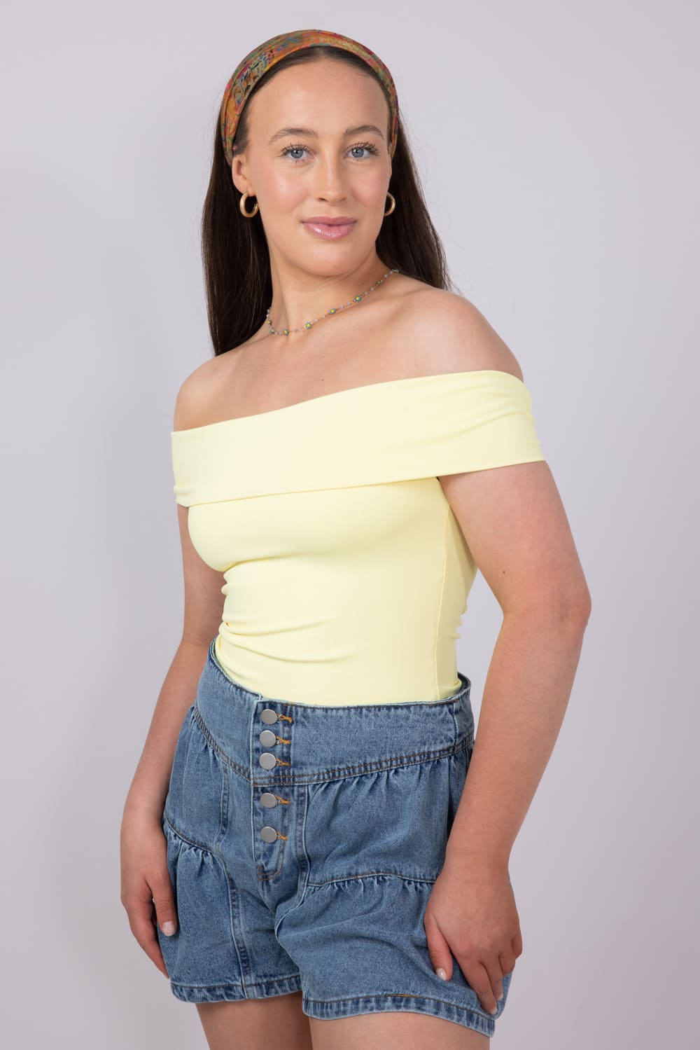 Fold Over Off The Shoulder Top for Women in Lemon | T8838-LEMON