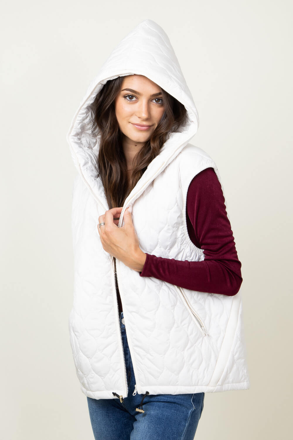 Hooded Quilted Zipper Puffer Vest for Women in Beige