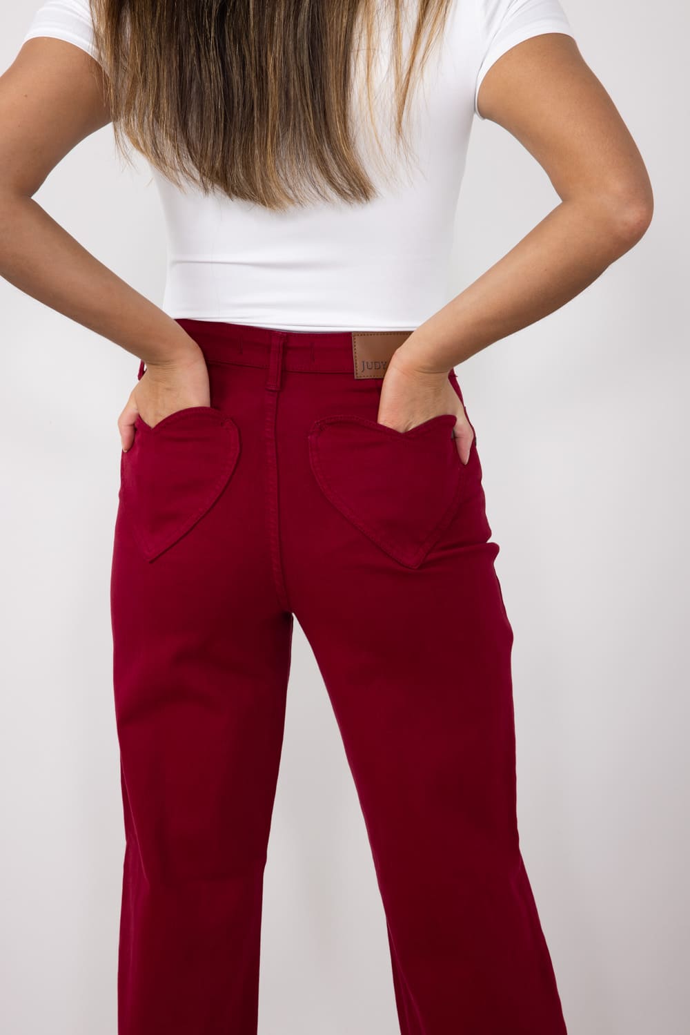 Judy Blue High Rise Heart Pocket Straight Jeans for Women in Scarlet Red