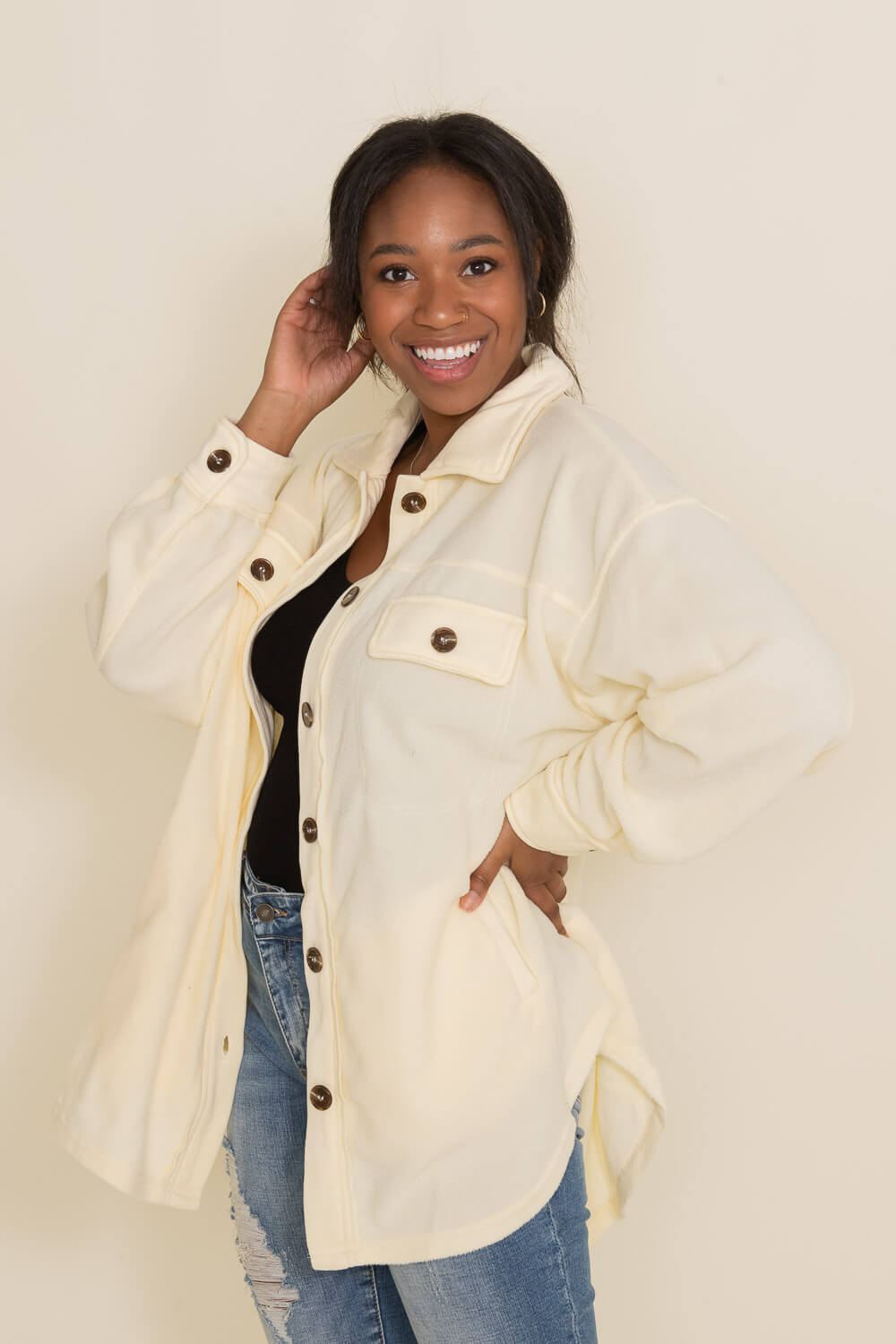 La Miel Sunset Fleece Shacket for Women in Cream Yellow