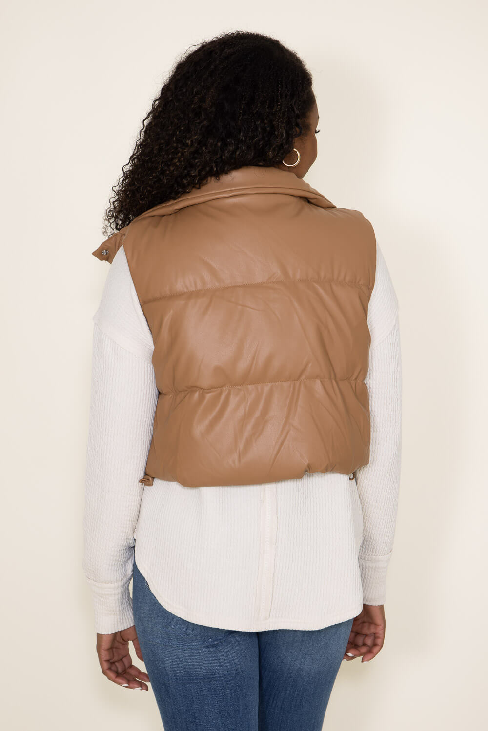 Love Tree Faux Leather Cropped Puffer Vest for Women in Brown