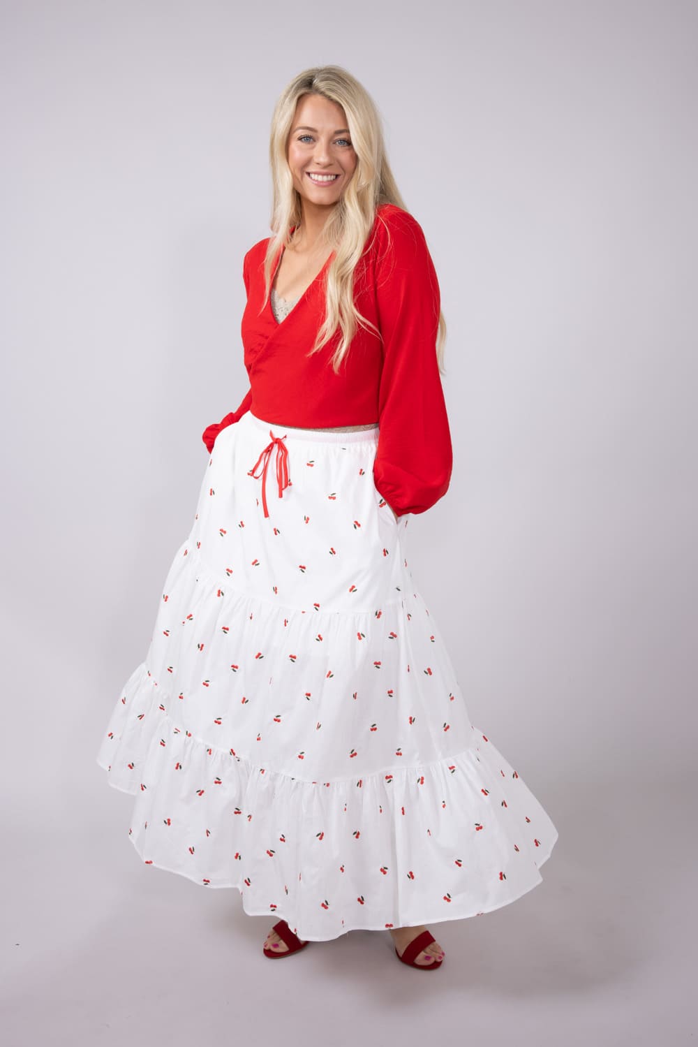 Mustard Seed Cherry Embroidered Tiered Midi Skirt for Women in White