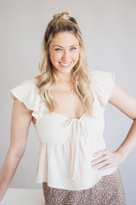 Front Ruched Tie Waist Gauze Top for Women in Natural