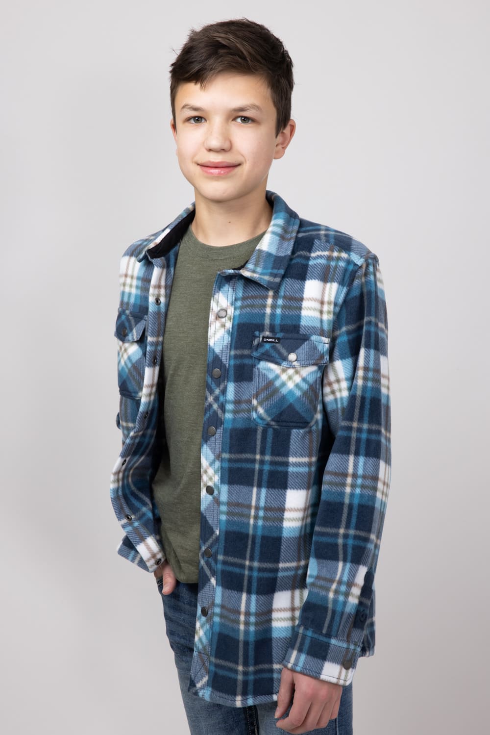O’Neill Youth Glacier Super Fleece Plaid Shacket for Boys in Midnight Navy