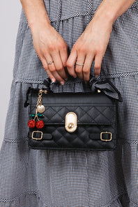 Pebbled Tie Handbag Cherry Charm Purse for Women in Black