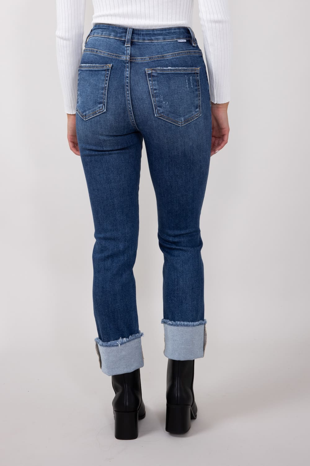 Risen High-Rise Cropped Cuffed Straight Leg Jeans for Women