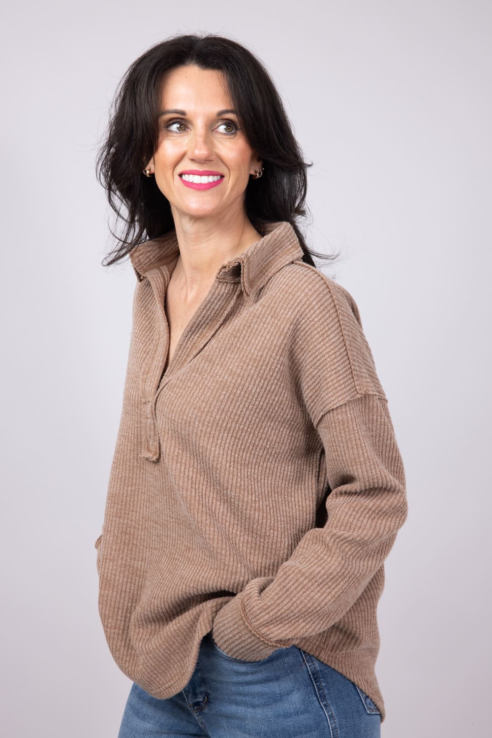 Simply Southern V-neck Collar Top for Women in Sand