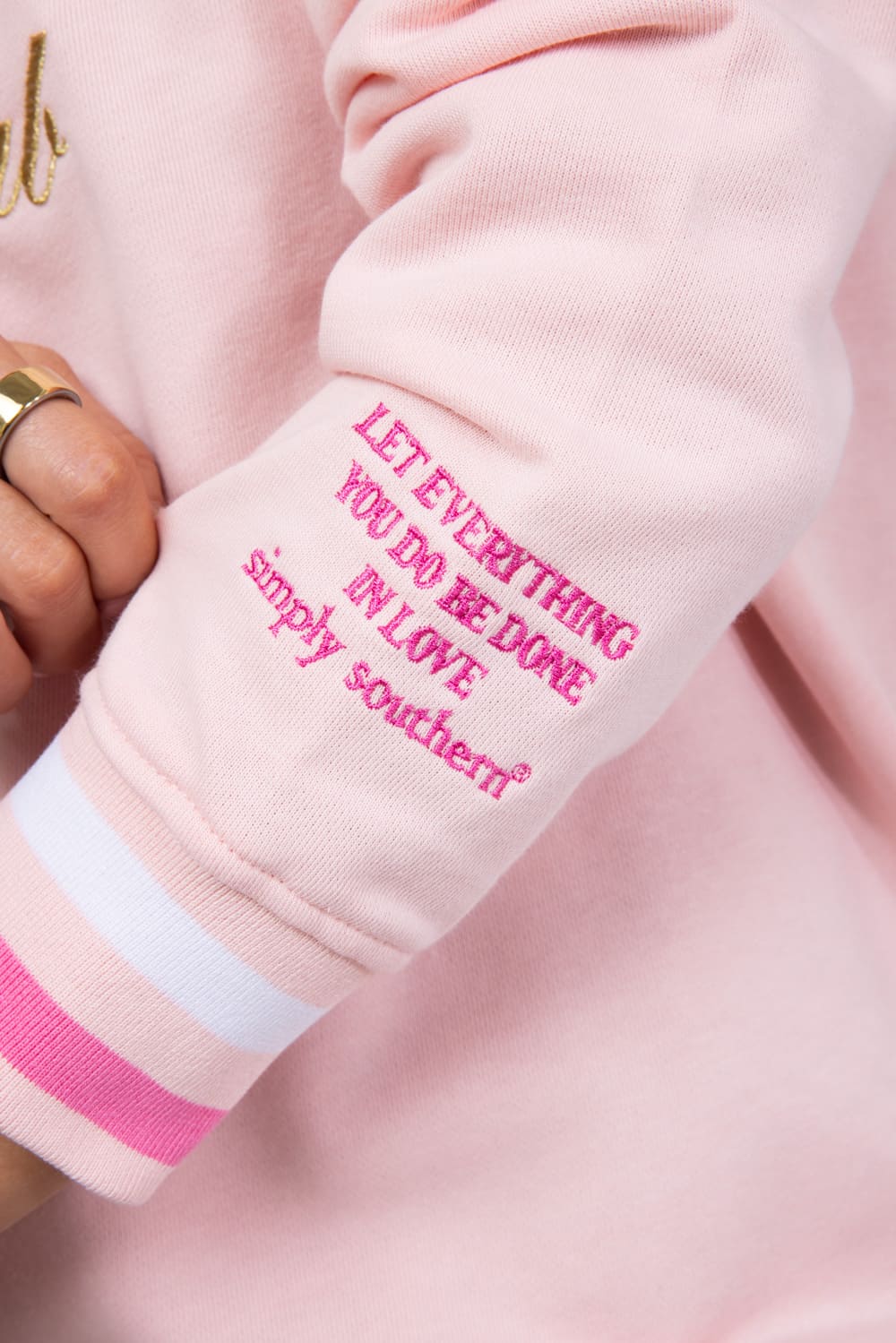 Simply Southern Womens Good Energy Social Club Varsity Crew Sweatshirt for Women in Pink