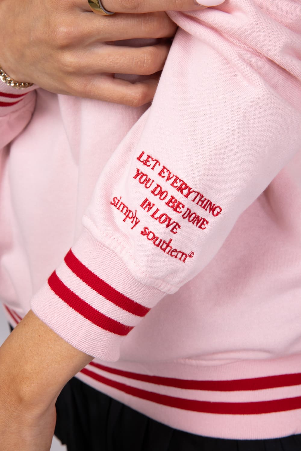 Simply Southern Womens Strawberry Festival Varsity Crew Sweatshirt for Women in Pink