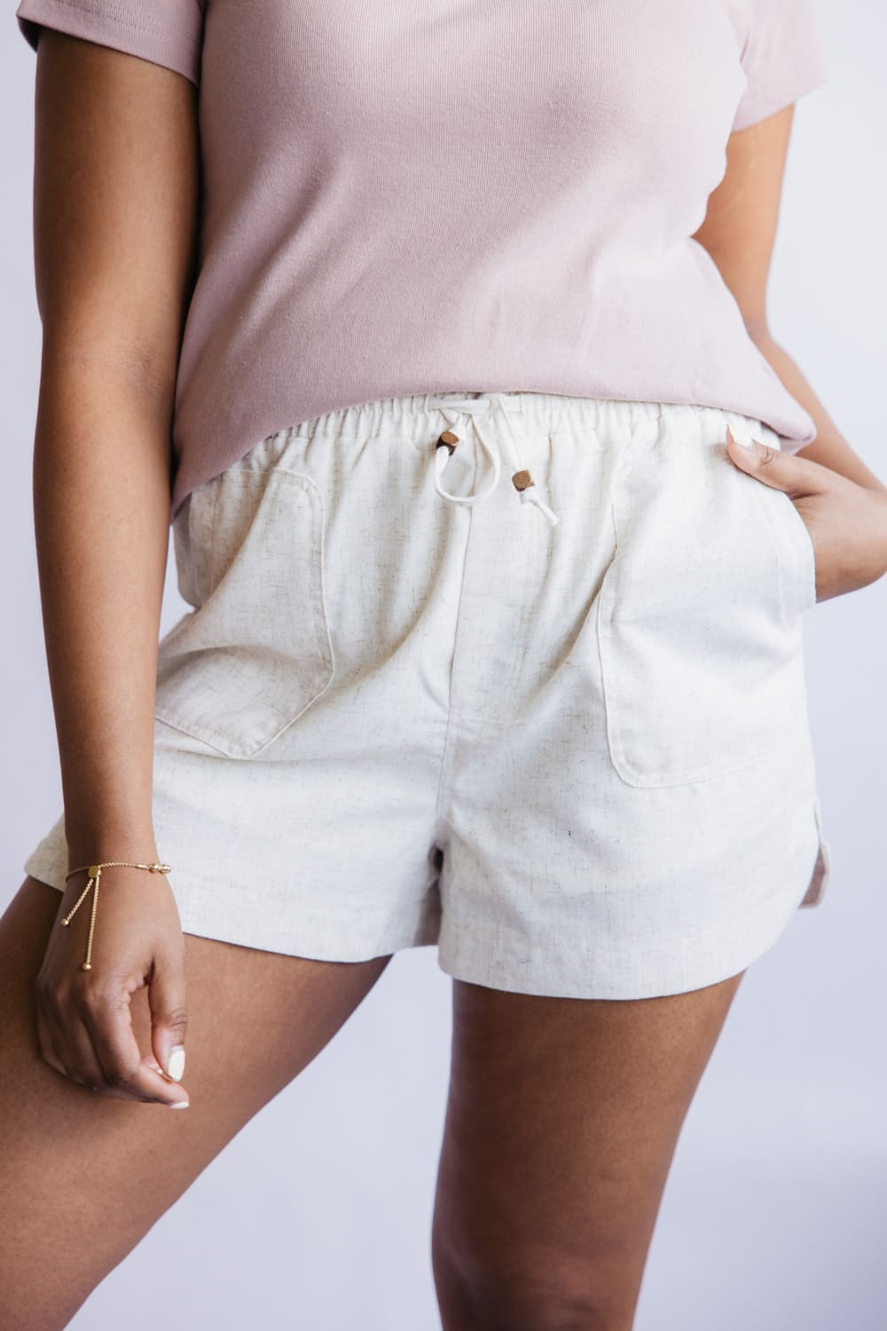 Elastic Waist Linen Shorts for Women in Oatmeal