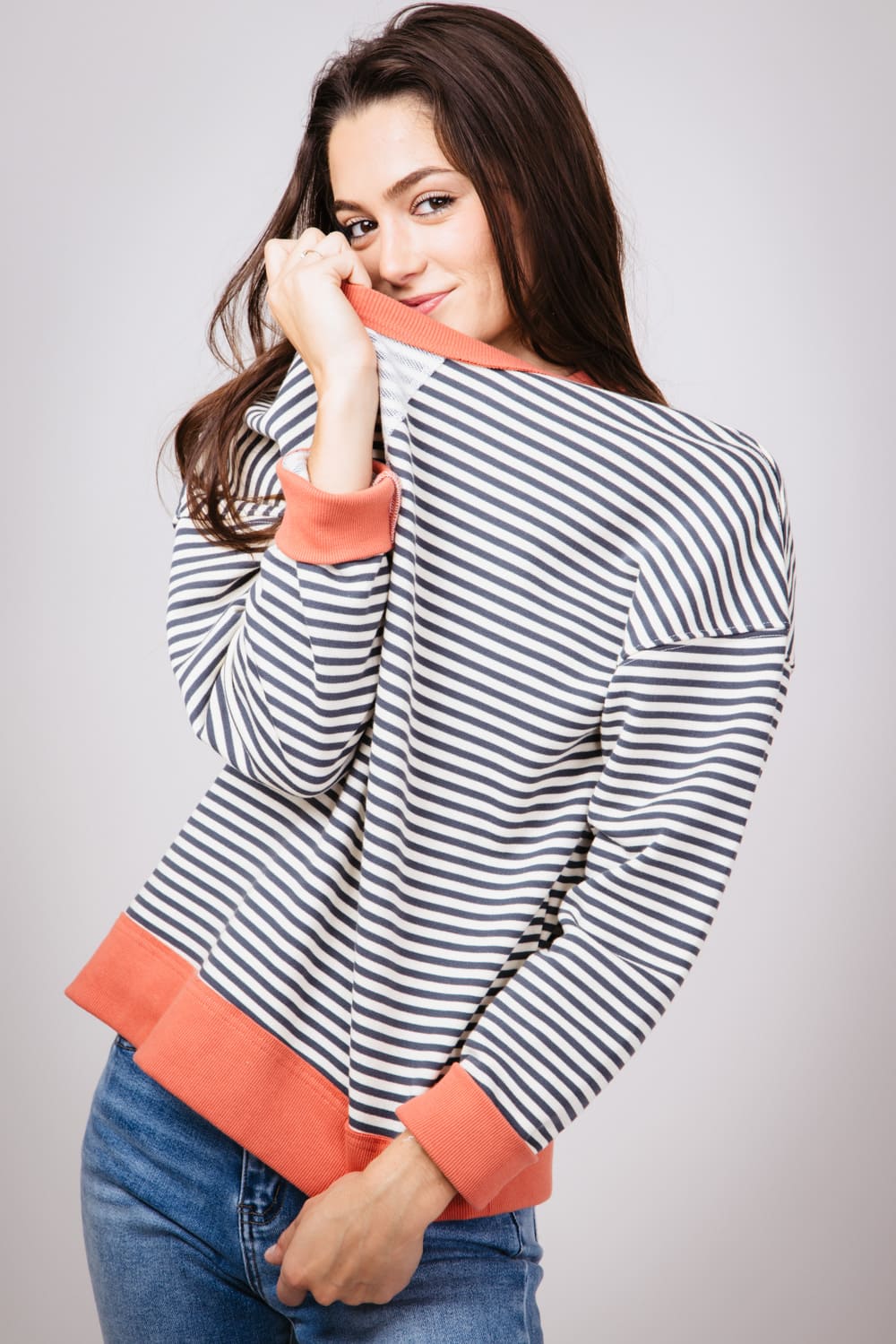 Striped Crewneck Pullover for Women in Charcoal