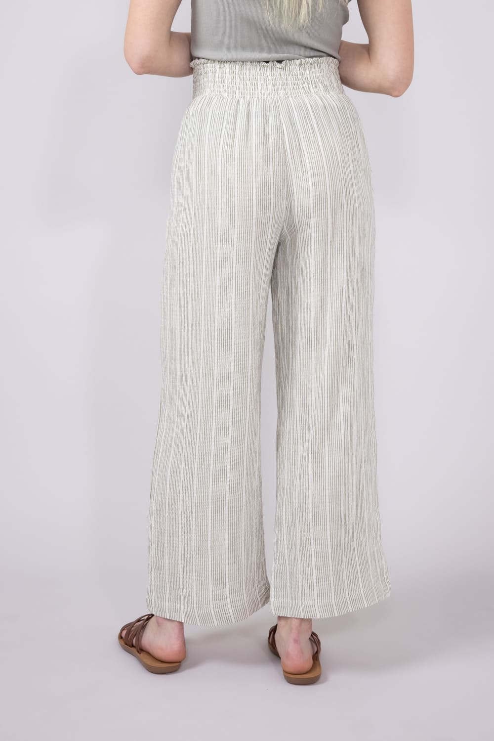 Stripe Smocked Waist Linen Pants for Women in Sage/Cream