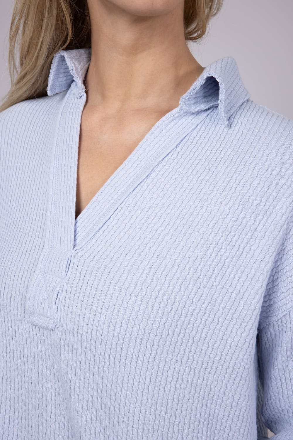 Blu Pepper Ribbed Knit Johnny Collar Polo Shirt for Women in Blue Grey