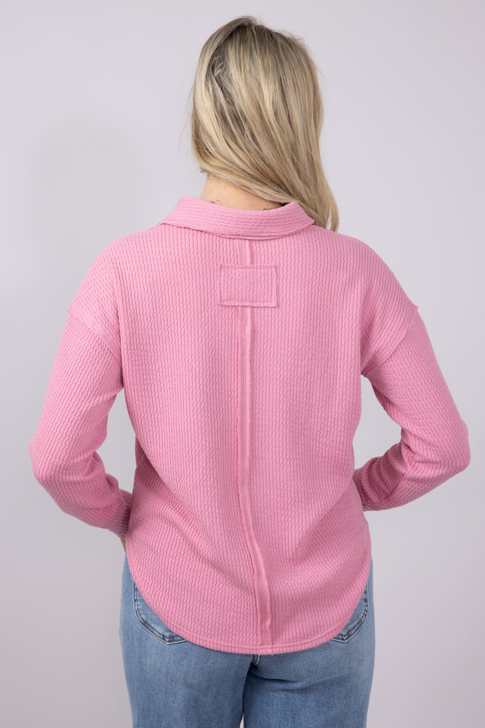 Blu Pepper Ribbed Knit Johnny Collar Polo Shirt for Women in Mauve