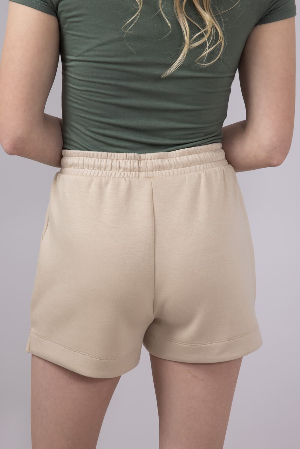 Love Tree Drawstring Scuba Knit Lounge Shorts for Women in Khaki