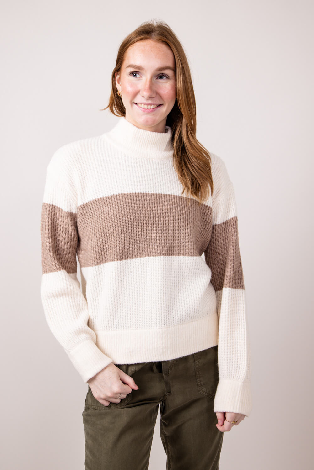 Stripe Mock Neck Sweater for Women in Ivory Mocha Combo