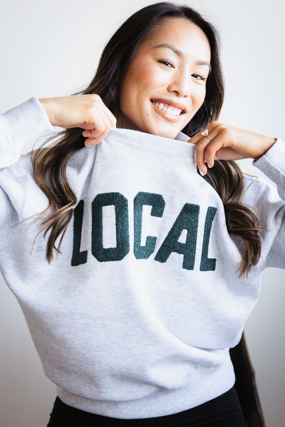 1897 Active Local Chenille Patched Fleece Crewneck for Women in Ice Grey