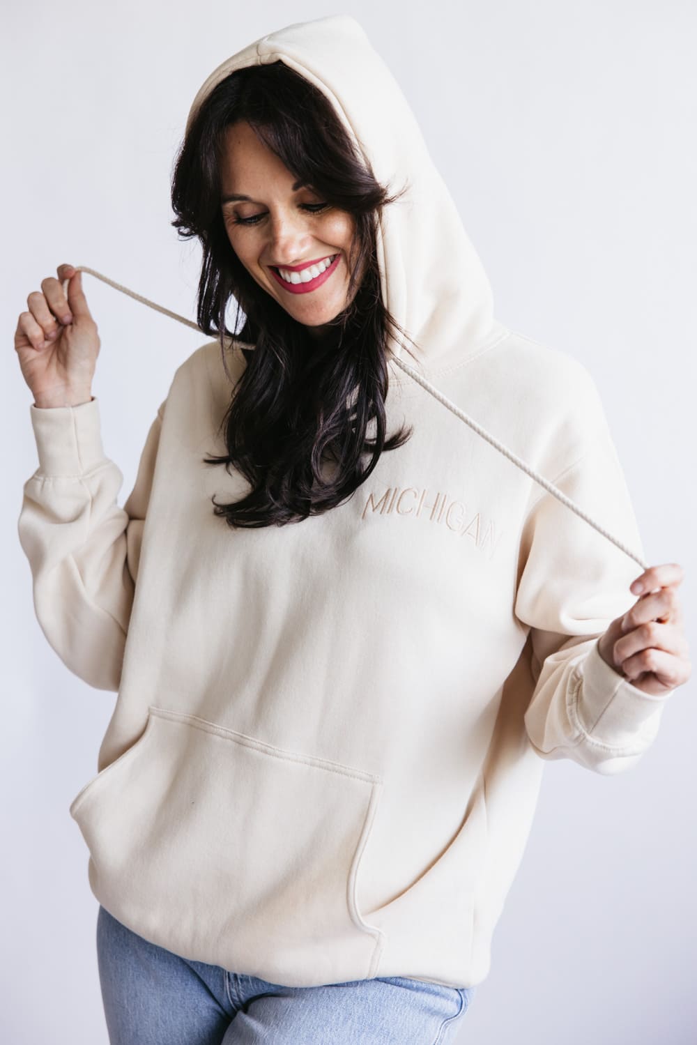 1897 Active Michigan Embroidered Hoodie for Women in Cream