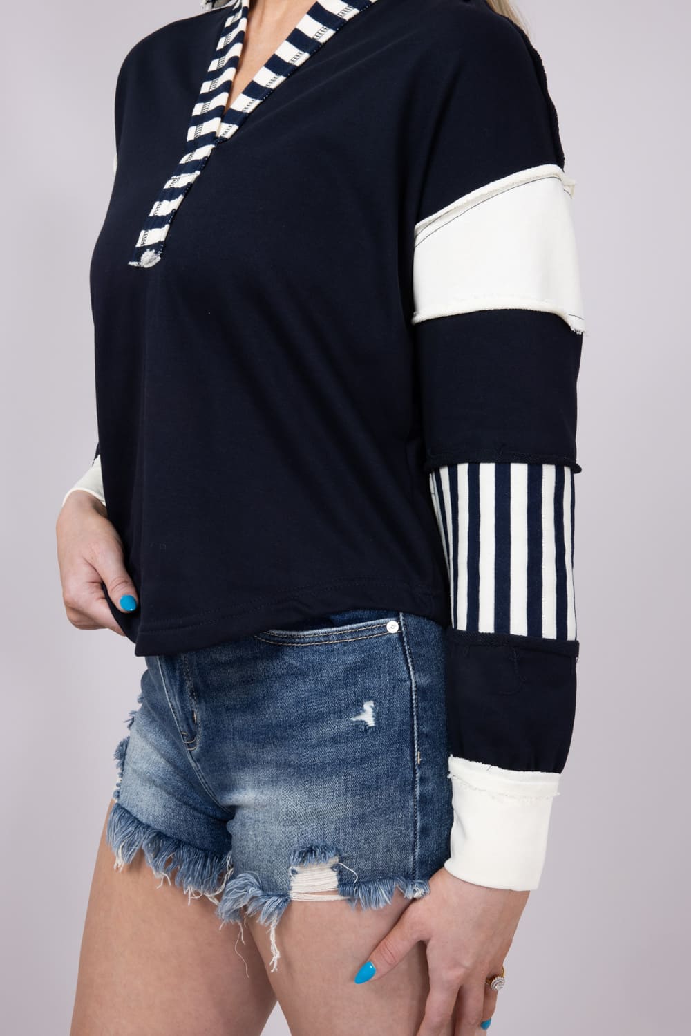Blu Pepper Color Block Knit Top for Women in Navy