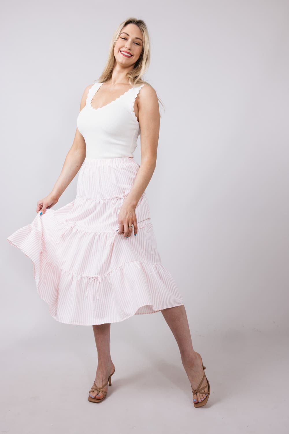Bow Tiered Stripe Maxi Skirt for Women in Pink
