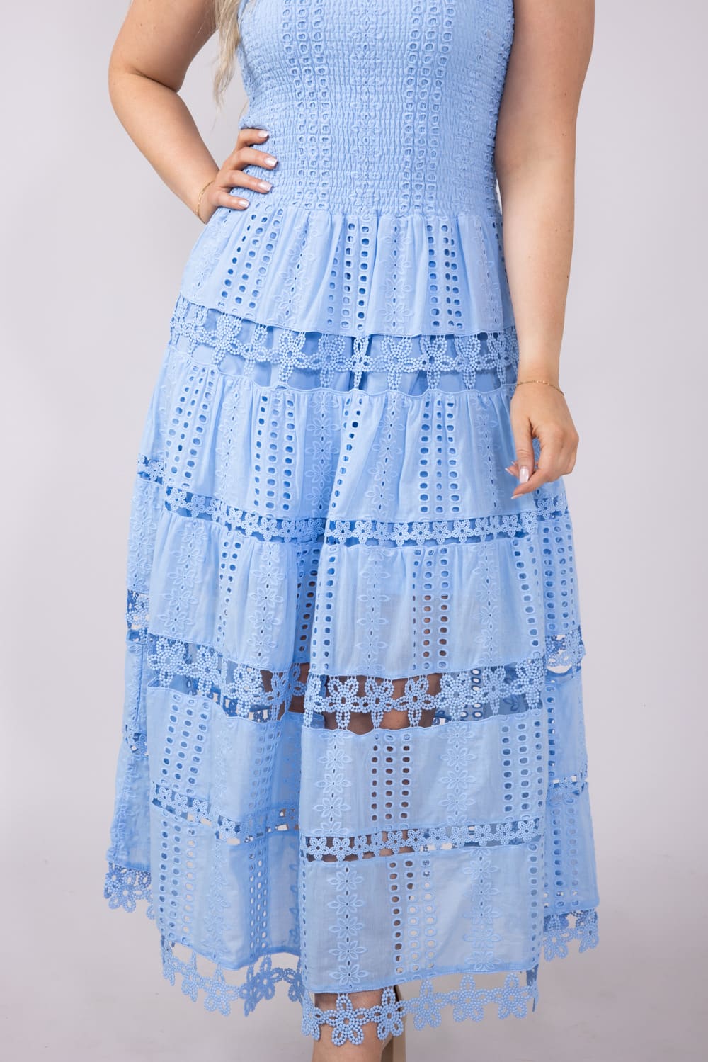 Eyelet Lace Strapless Midi Dress for Women in Blue