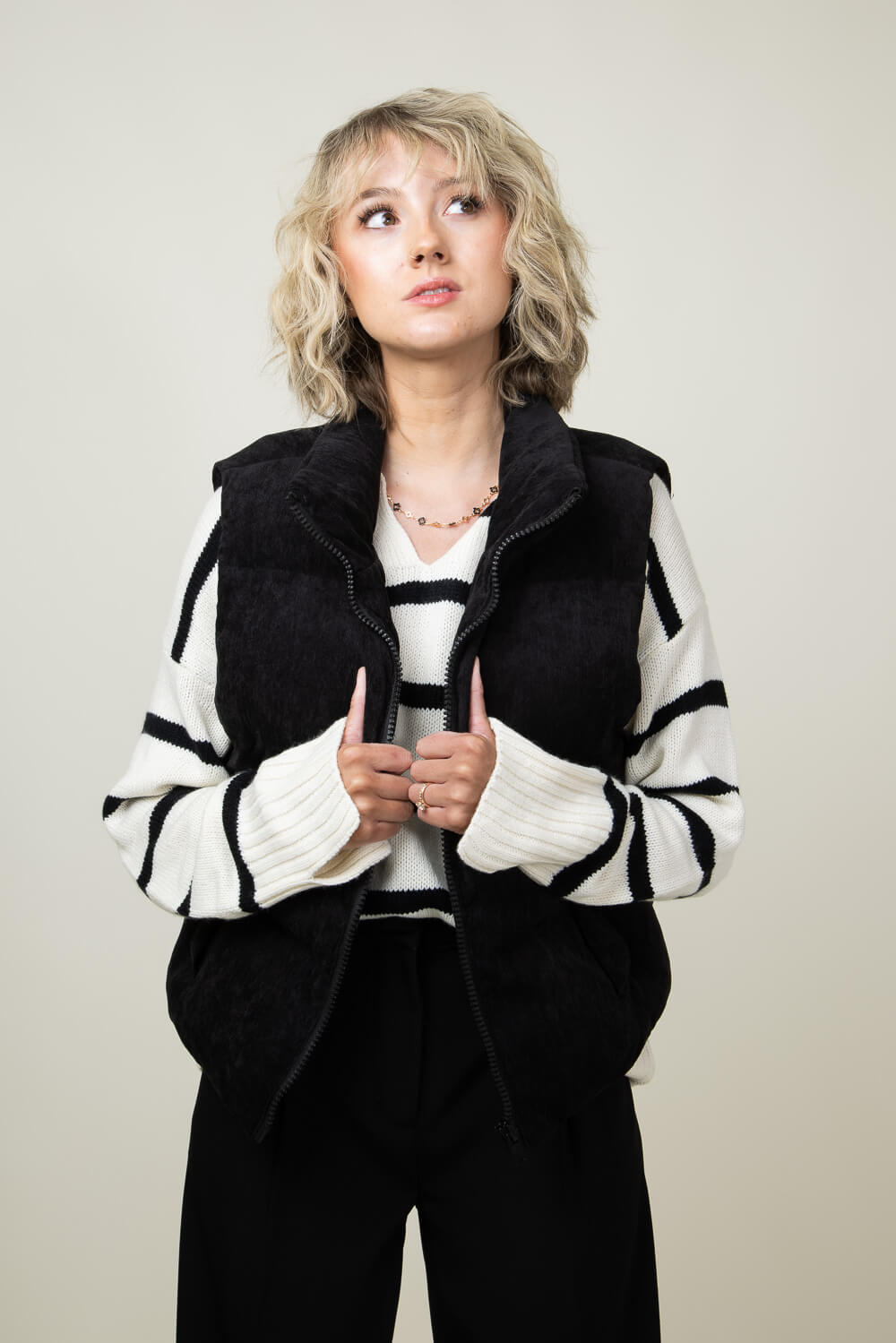 Corduroy Puffer Vest for Women in Black
