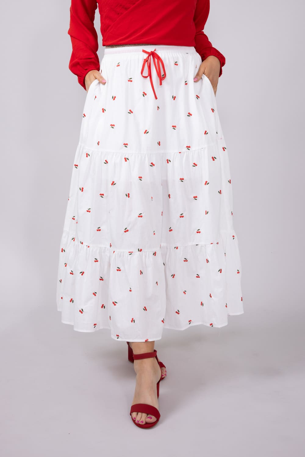 Mustard Seed Cherry Embroidered Tiered Midi Skirt for Women in White