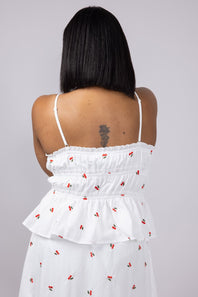 Cherry Embroidered Ruching Tie Front Cami Top for Women in White