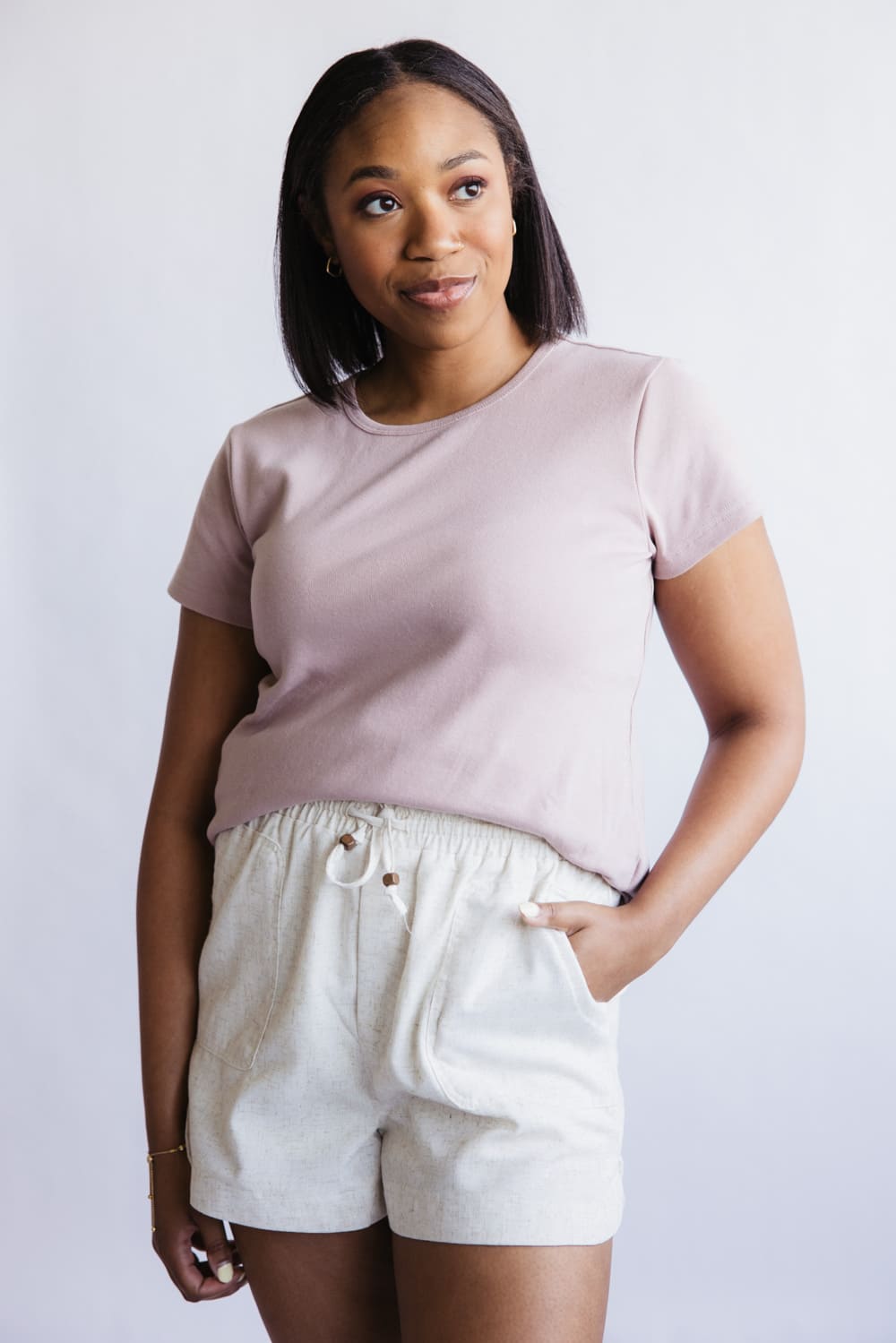 Elastic Waist Linen Shorts for Women in Oatmeal