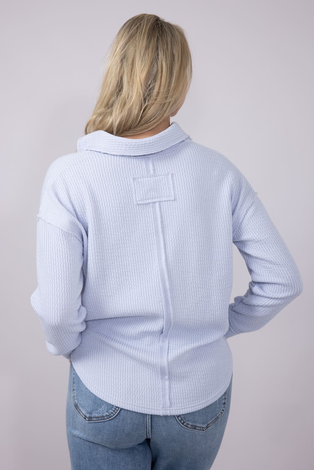 Blu Pepper Ribbed Knit Johnny Collar Polo Shirt for Women in Blue Grey