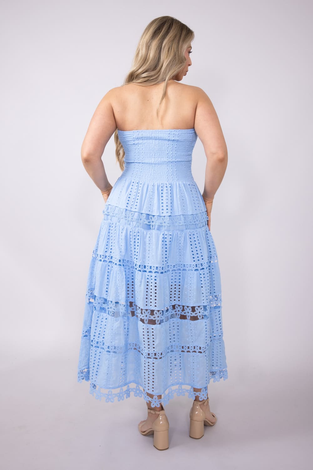 Eyelet Lace Strapless Midi Dress for Women in Blue