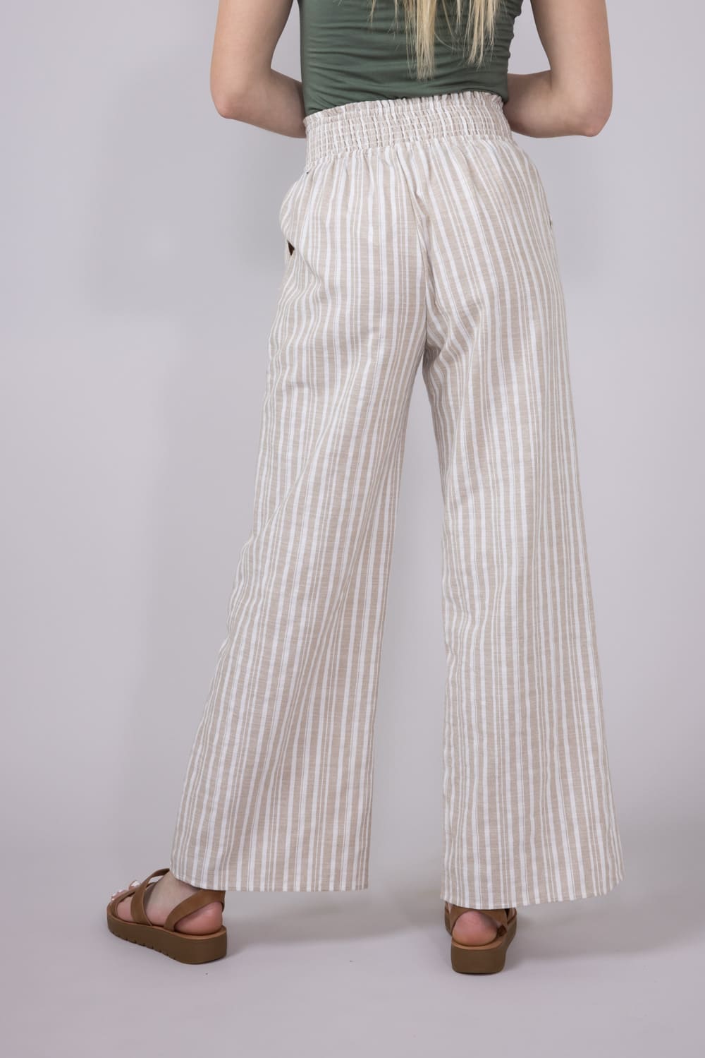 Smocked Waist Linen Wide Pants for Women in Taupe